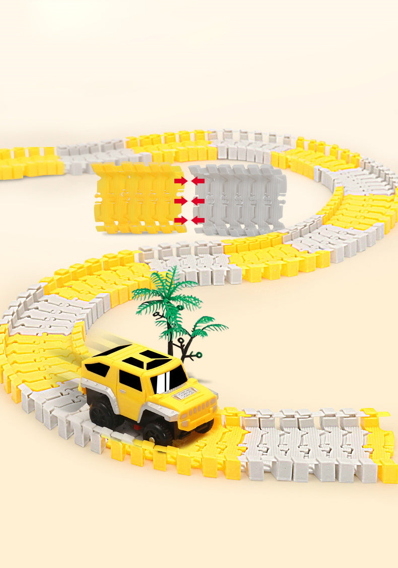 Yellow and gray track sections shown connecting beside an assembled track and yellow car