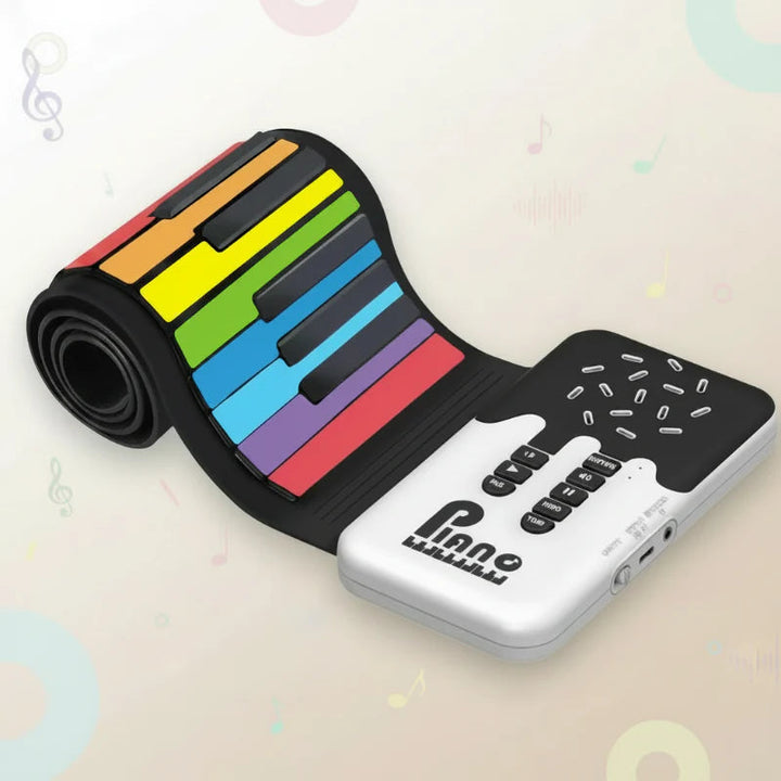 Flexible rainbow piano keyboard with one end rolled up and the controls visible
