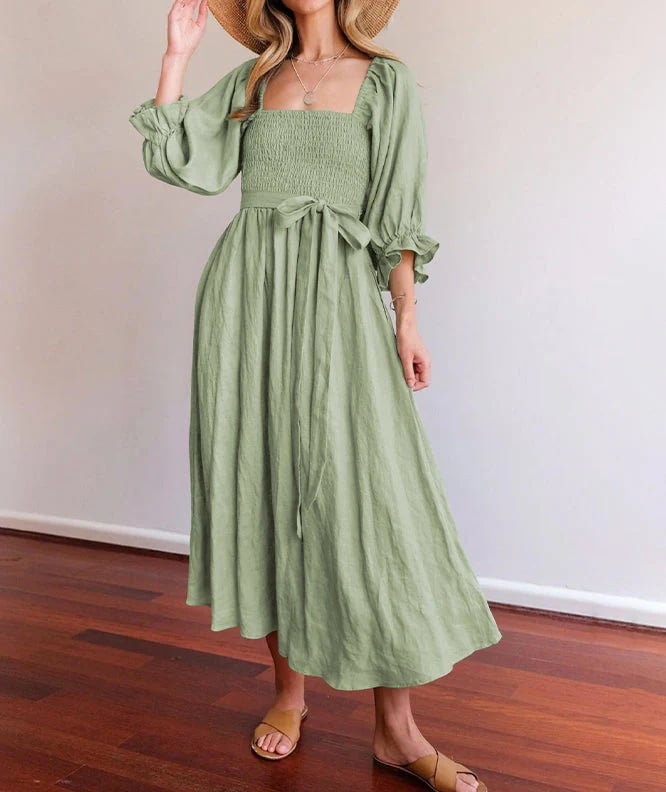 Flexible Reversible Cotton Midi Dress Lantern Sleeves Product Image 01