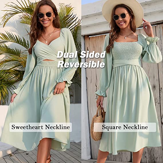 Flexible Reversible Cotton Midi Dress Lantern Sleeves Product Image 02