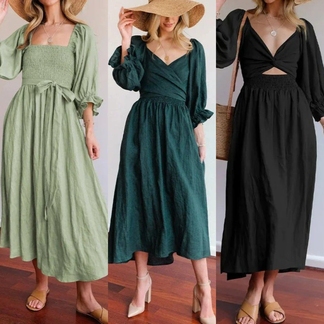 Flexible Reversible Cotton Midi Dress Lantern Sleeves Product Image 03