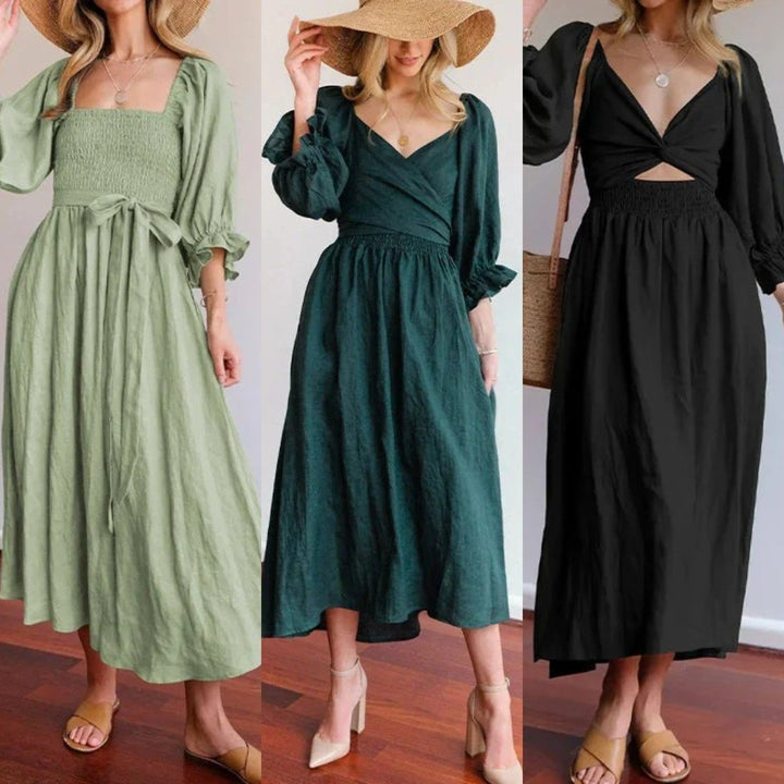 Flexible Reversible Cotton Midi Dress Lantern Sleeves Product Image 03