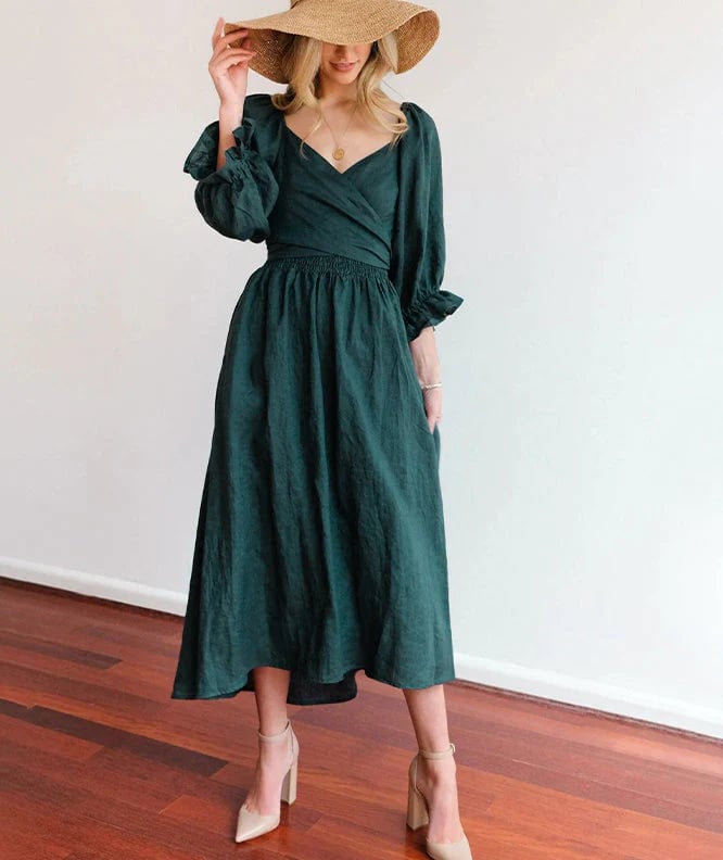 Flexible Reversible Cotton Midi Dress Lantern Sleeves Product Image 04