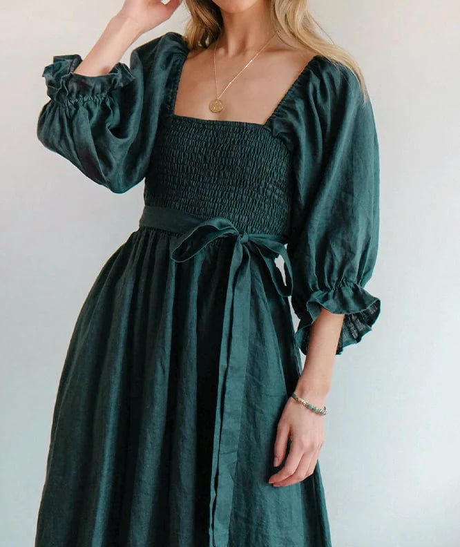 Flexible Reversible Cotton Midi Dress Lantern Sleeves Product Image 05