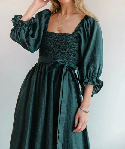 Flexible Reversible Cotton Midi Dress Lantern Sleeves Product Image 05