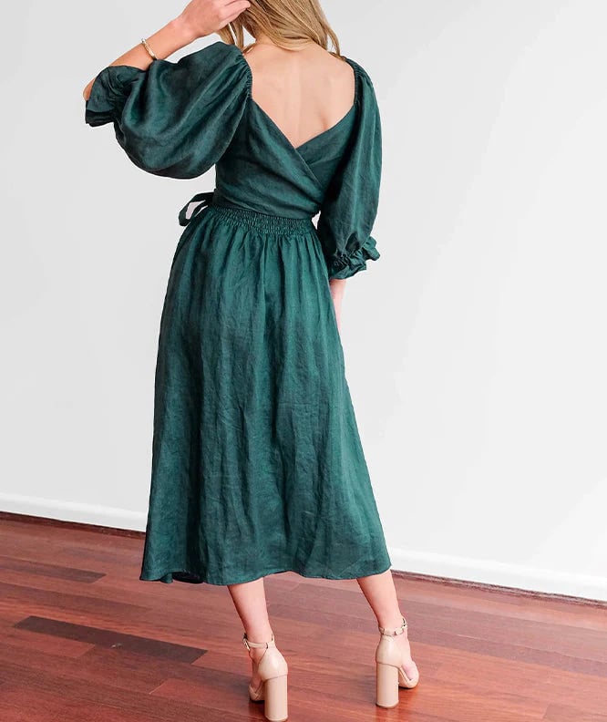 Flexible Reversible Cotton Midi Dress Lantern Sleeves Product Image 07