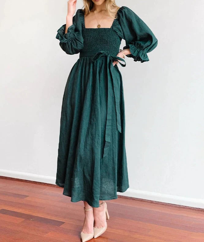 Flexible Reversible Cotton Midi Dress Lantern Sleeves Product Image 10