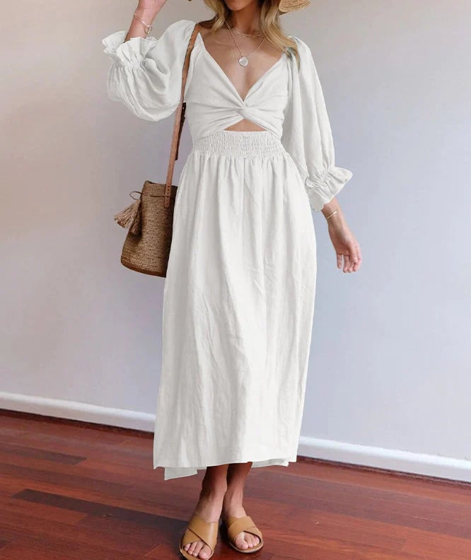 Flexible Reversible Cotton Midi Dress Lantern Sleeves Product Image 11