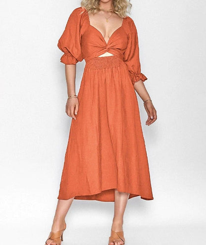 Flexible Reversible Cotton Midi Dress Lantern Sleeves Product Image 12