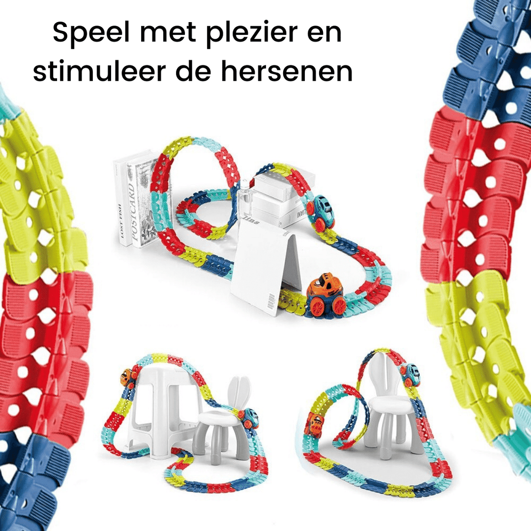 Three flexible race track layouts with curves and loops around white supports
