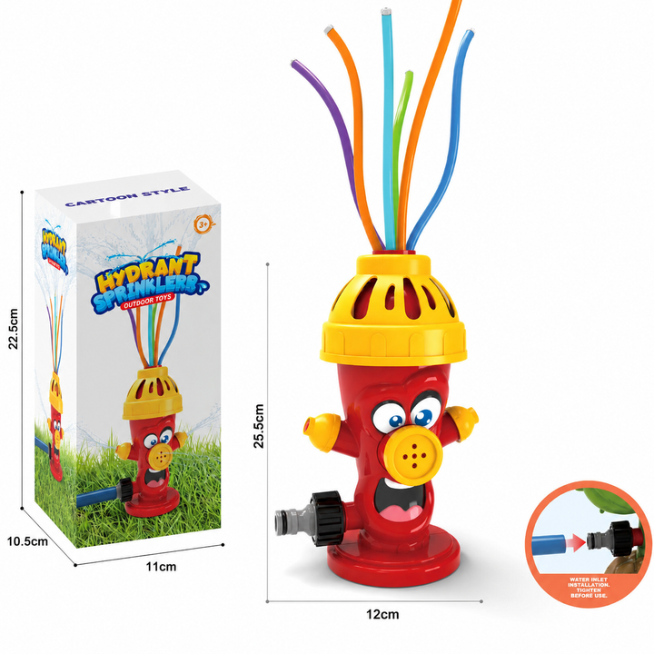 Red and yellow hydrant sprinkler with flexible spray tubes, packaging, and dimension labels