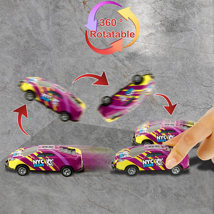 Illustrated sequence of a stunt car jumping and flipping backward