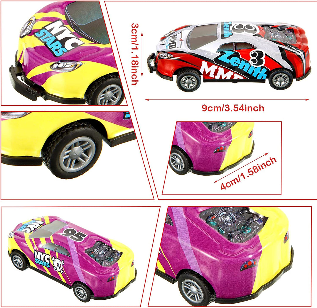 Stunt car dimensions of 9 cm long, 4 cm wide, and 3 cm high, with wheel and body close-ups