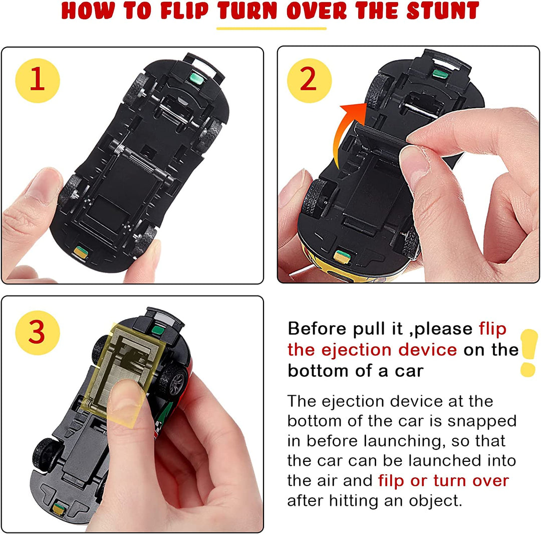 Three-step guide showing how to set the lever on the underside of a stunt car