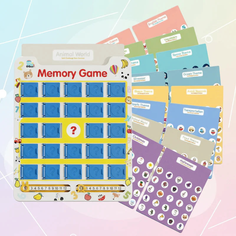 Memory game board in front of colorful interchangeable theme cards