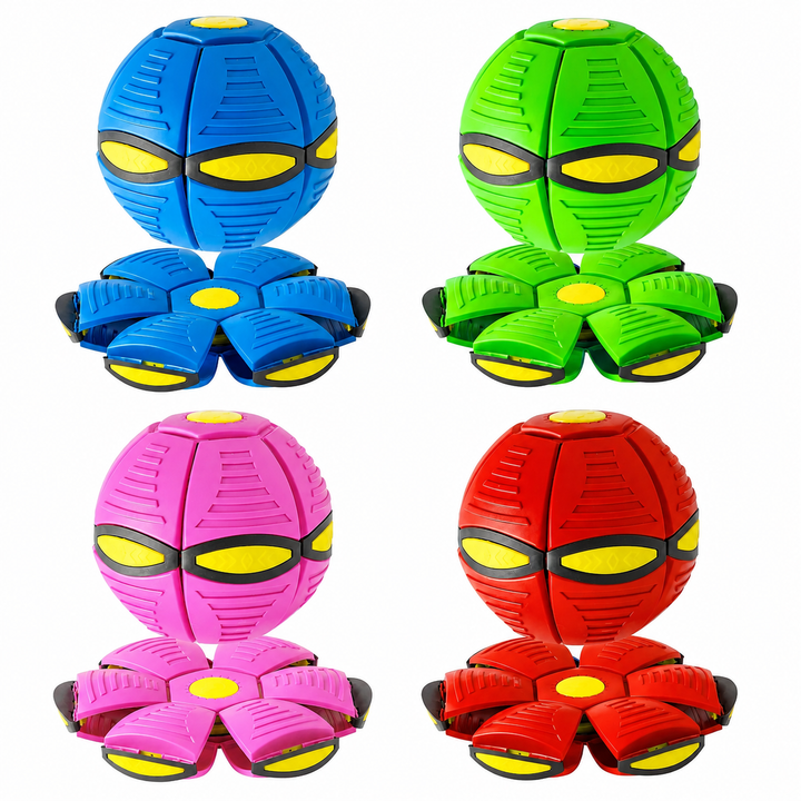 Blue, green, pink, and red transforming ball toys shown in round and flattened disc shapes
