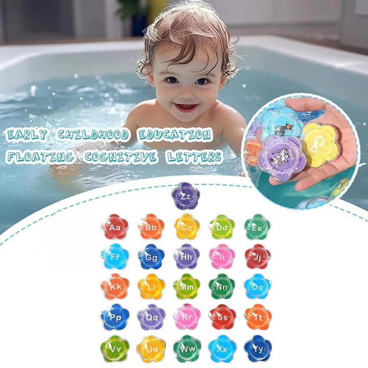 Baby in a bath above a full alphabet set, with a close-up of flower-shaped letters held in a hand.