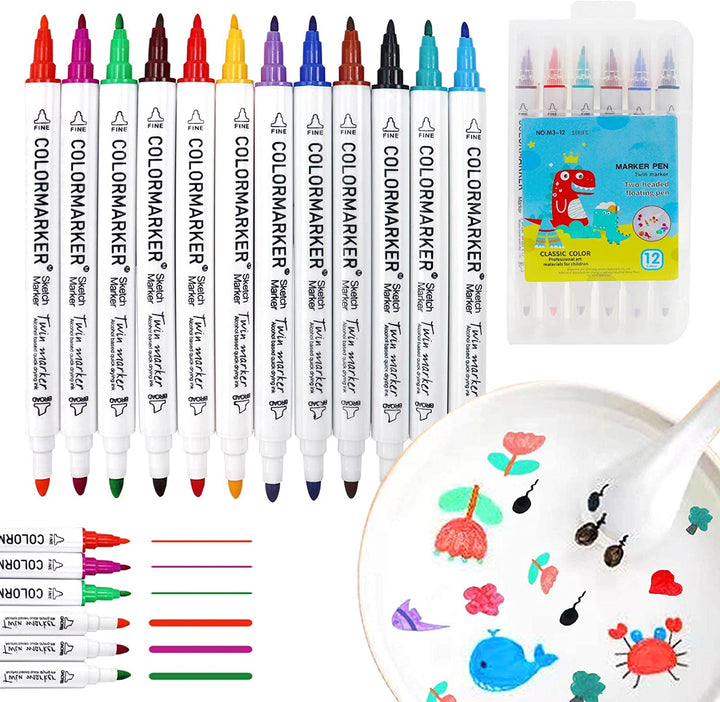 Twelve colored pens with a storage case and colorful drawings floating in a dish