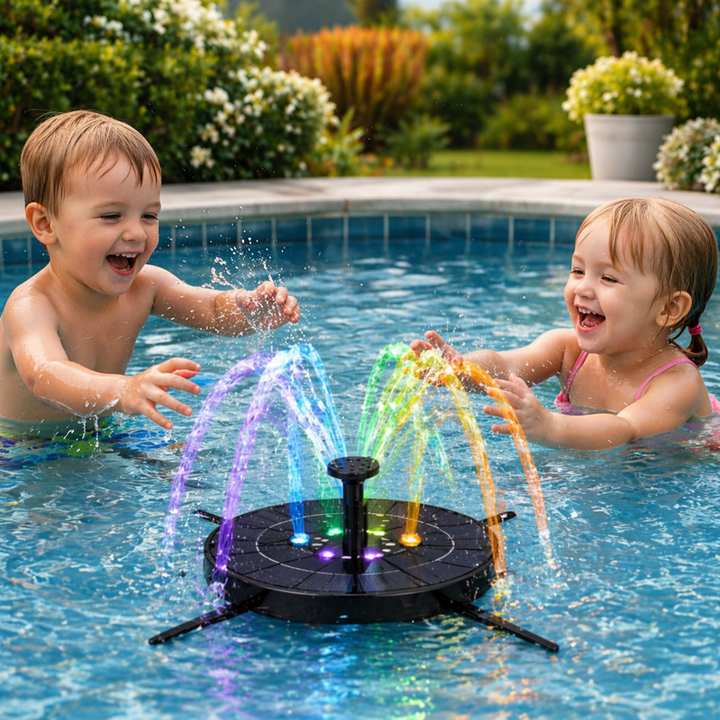 Two children playing beside a floating fountain with colorful LEDs in an outdoor pool