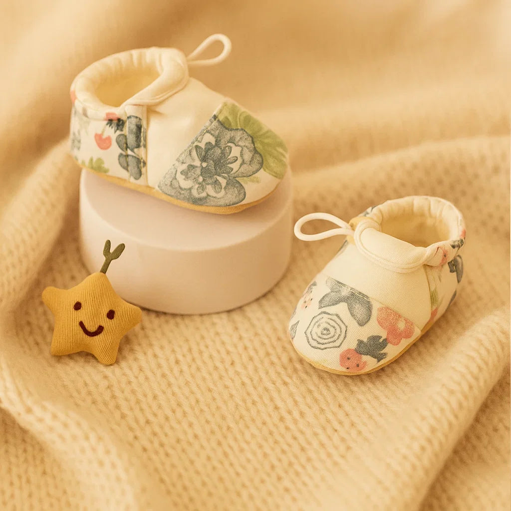 Floral baby shoes with green leaves and pink flowers on a knit blanket