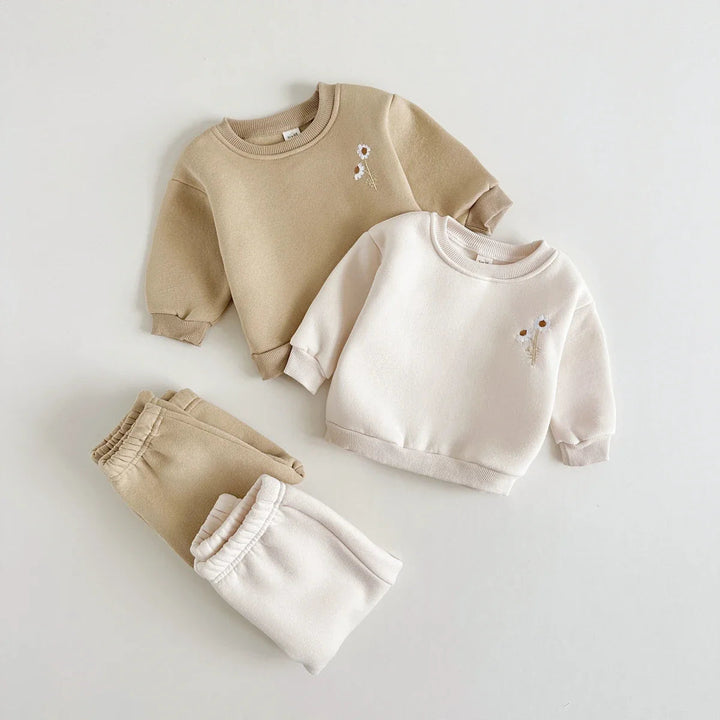 Beige and khaki baby tracksuits with small floral embroidery and matching pants