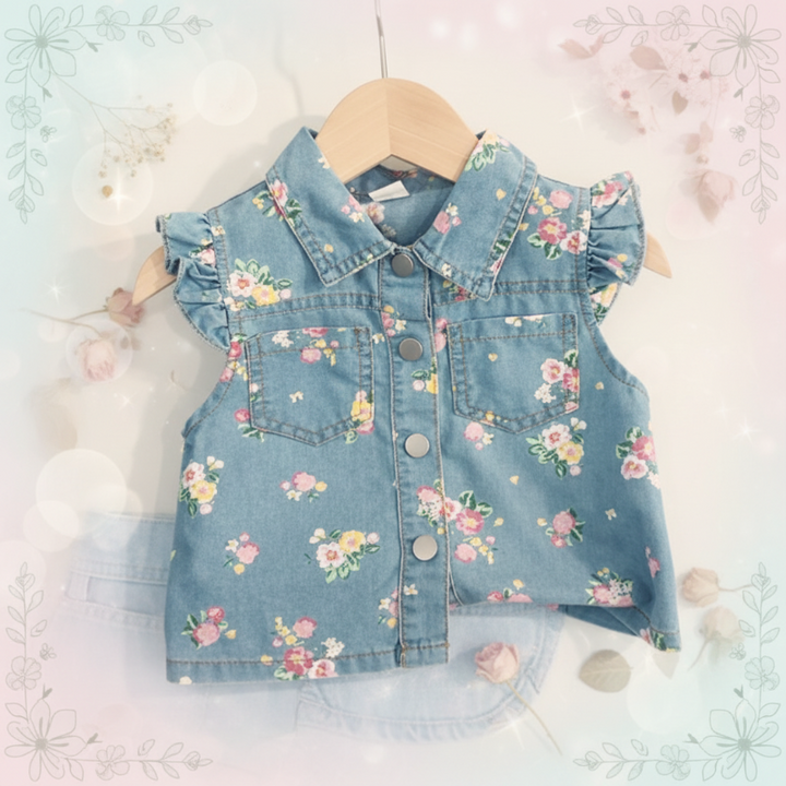 Blue floral collared top with ruffled shoulders, front buttons and chest pockets