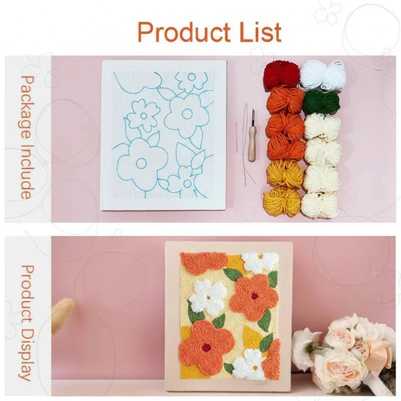 Floral embroidery kit with an outlined pattern, needle, and colorful thread beside a completed design.