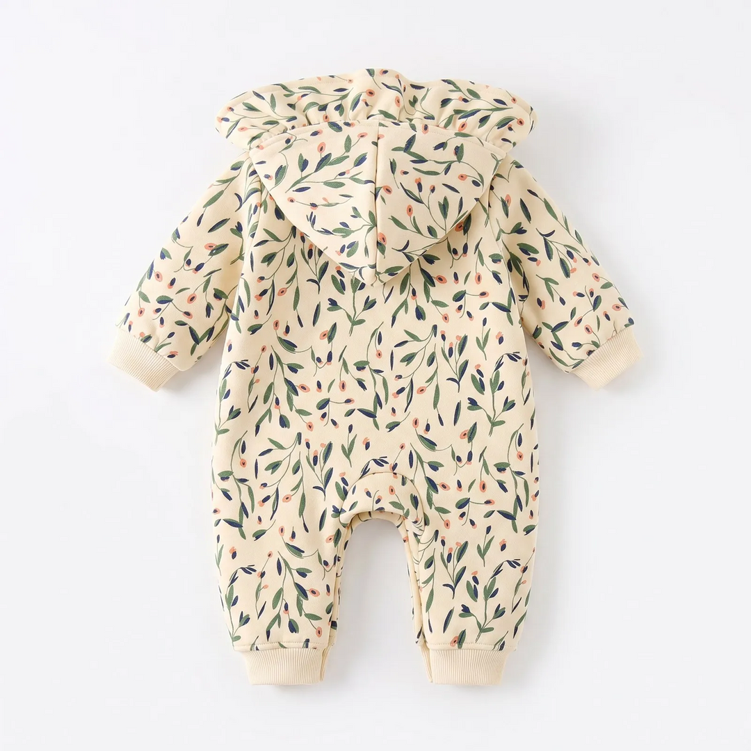 Full view of the cream floral hooded romper with long sleeves and cuffed legs.