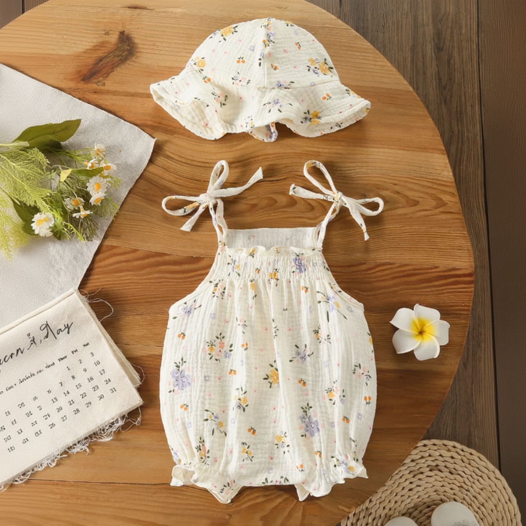 Small floral-print baby bodysuit and matching ruffled-brim hat