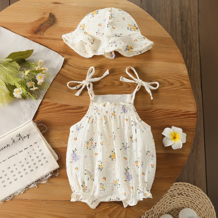 Small floral-print baby bodysuit and matching ruffled-brim hat