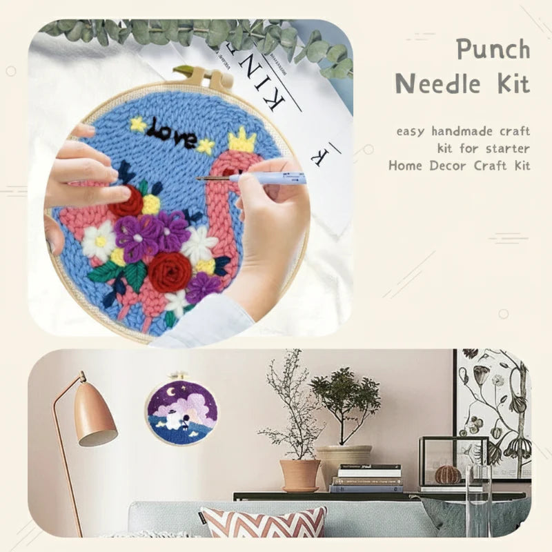 Hands crafting a floral punch needle design above an example of finished hoop art displayed on a wall