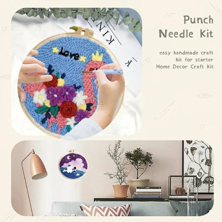 Hands crafting a floral punch needle design above an example of finished hoop art displayed on a wall