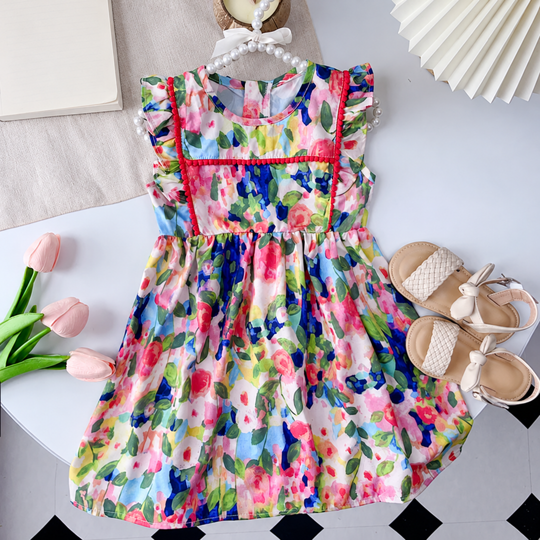 Multicolor floral girls' dress with ruffled shoulders, red trim, and a gathered skirt