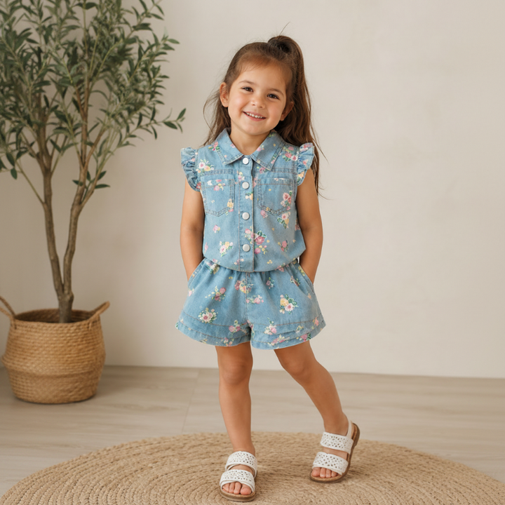 Child modeling a blue floral top with ruffled shoulders and matching shorts