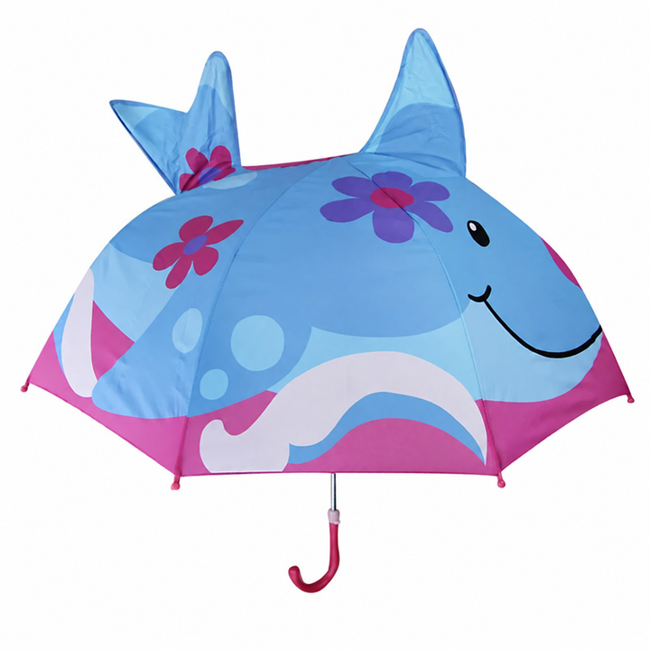Blue and pink floral shark umbrella with raised fins and a pink curved handle