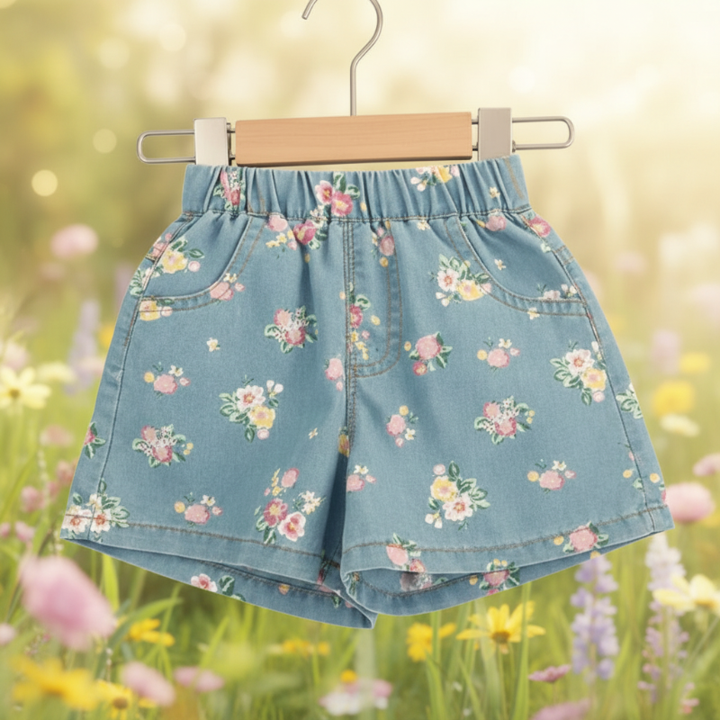 Blue floral shorts with an elastic waistband and front pockets