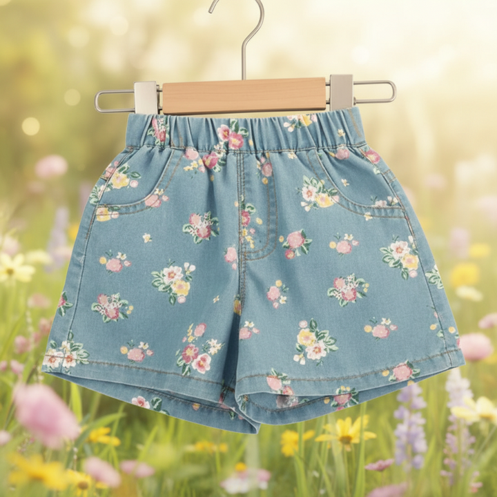 Blue floral shorts with an elastic waistband and front pockets