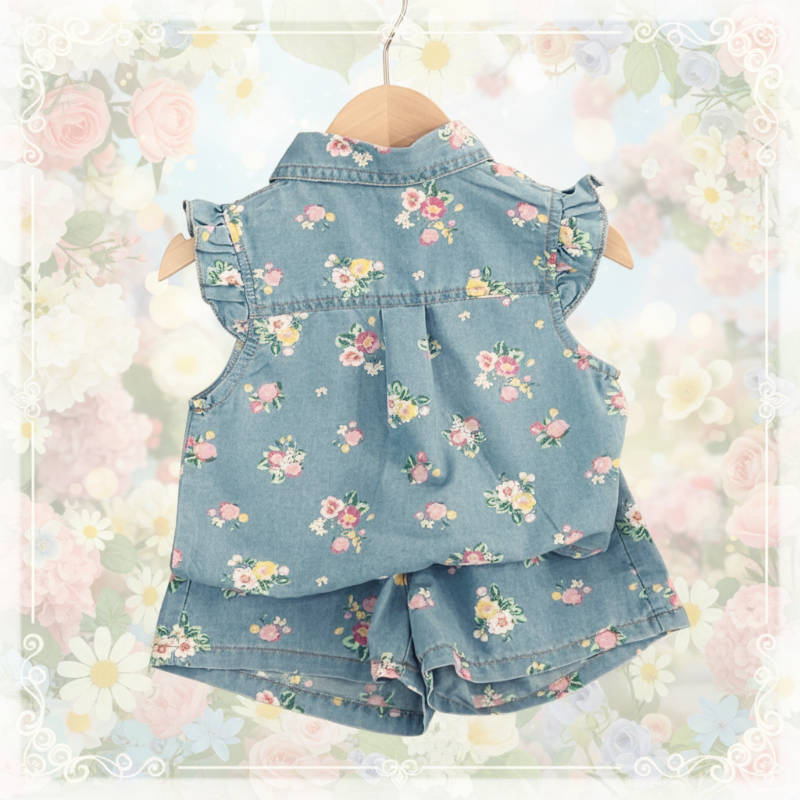 Back view of a blue floral top with ruffled shoulders and matching shorts