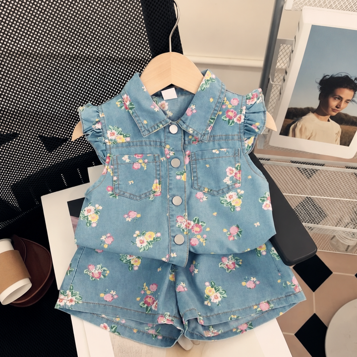 Blue floral button-front top with chest pockets and matching shorts on a hanger