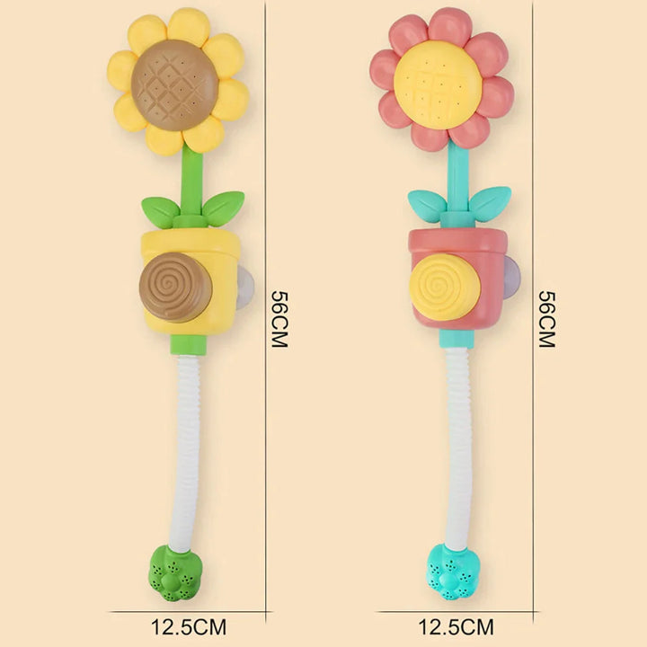 Red and yellow flower bath sprayers with measurements showing 56 cm height and 12.5 cm width