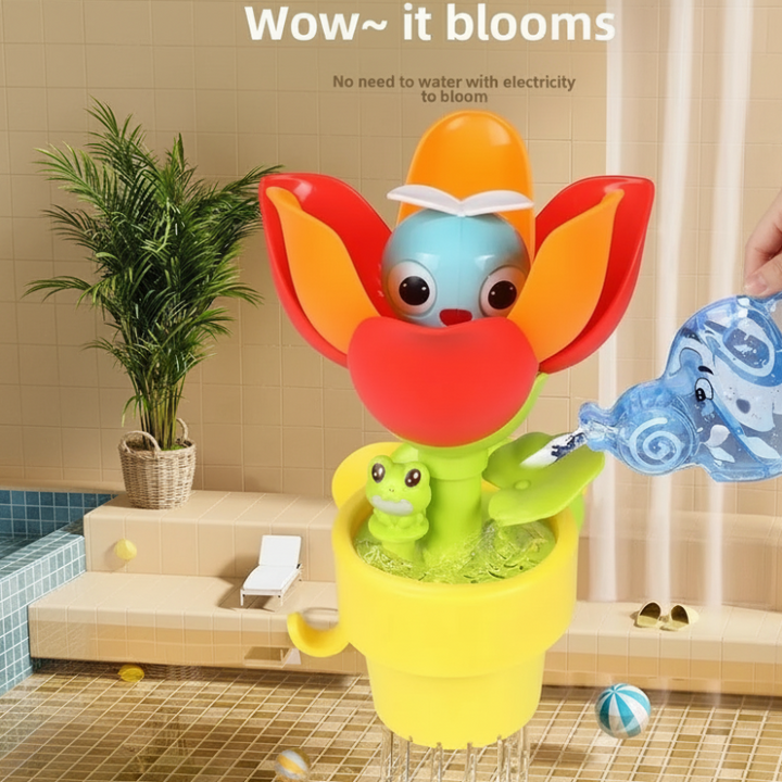 Water being poured onto the flower bath toy&