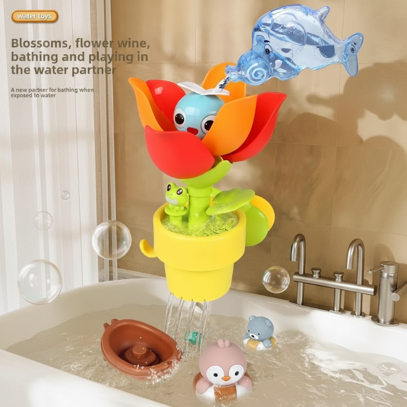 Water poured into an open flower bath toy as streams drain from its yellow pot