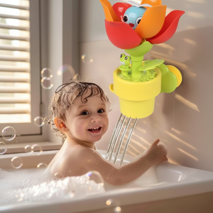 Flower bath toy releasing streams of water beside a child in the bathtub