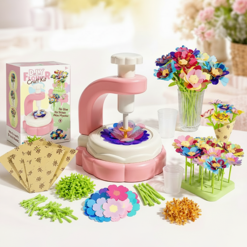Flower bouquet craft kit with a pink embossing machine, fabric petals, stems, vase, and display bases