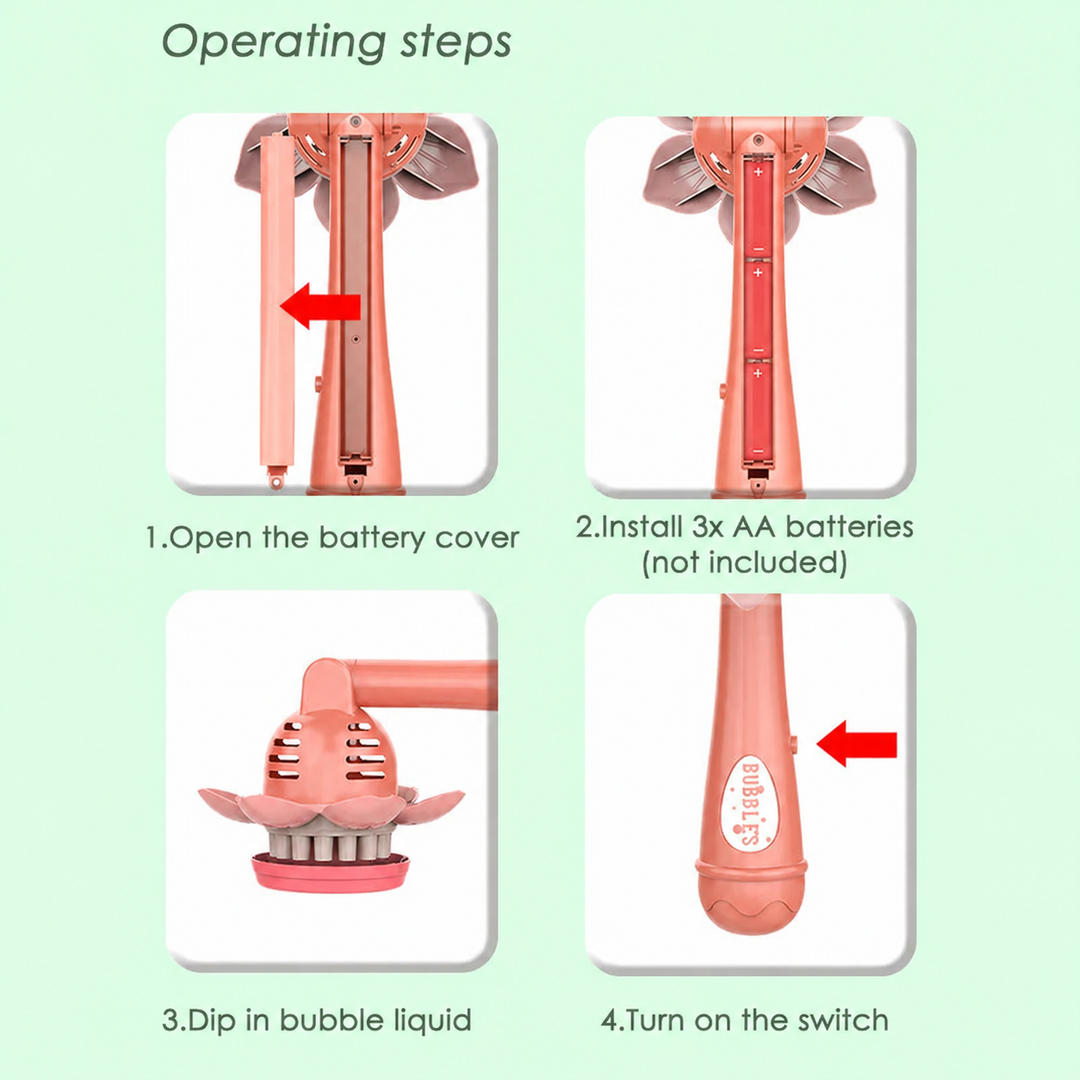Instructions showing battery installation, dipping the flower head in bubble solution, and switching on