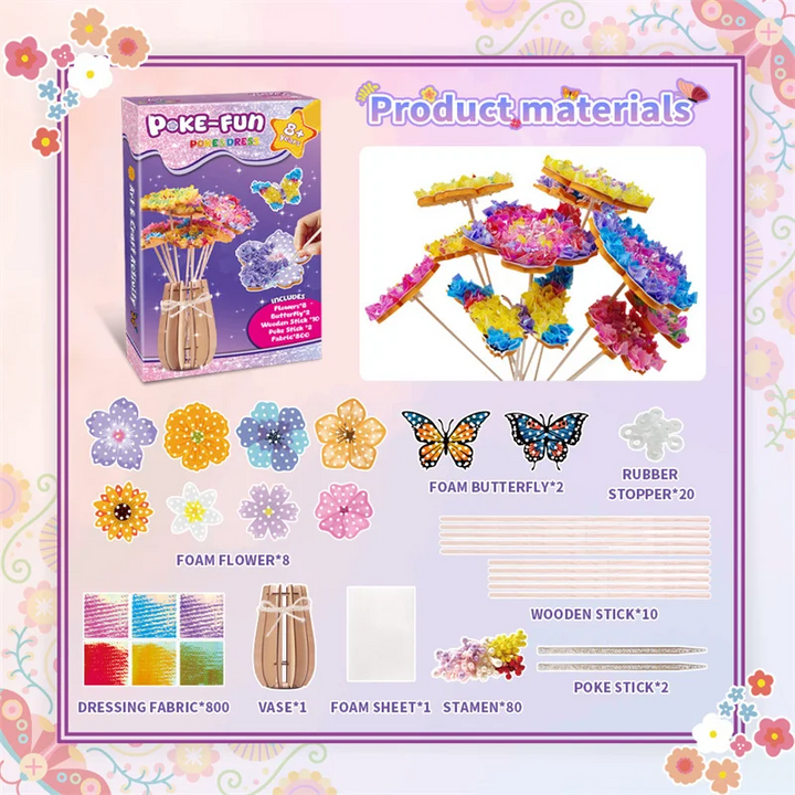 Flower and butterfly kit contents with a buildable vase, fabric pieces, foam shapes, and tools