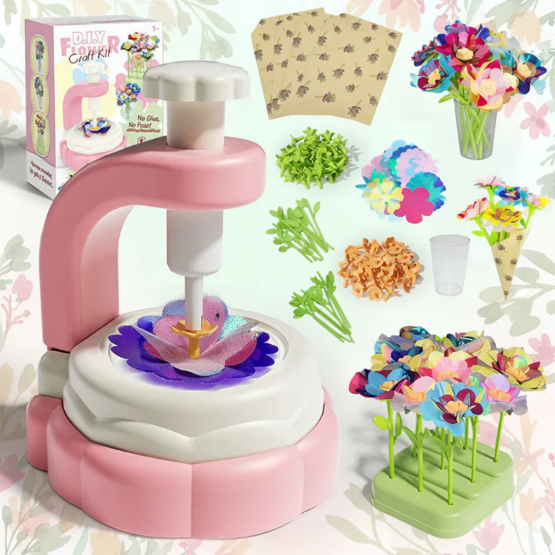 Pink flower embossing machine with fabric petals, green stems, display bases, and finished bouquets