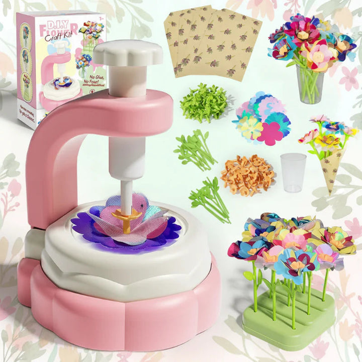 Pink flower embossing machine with fabric petals, green stems, display bases, and finished bouquets