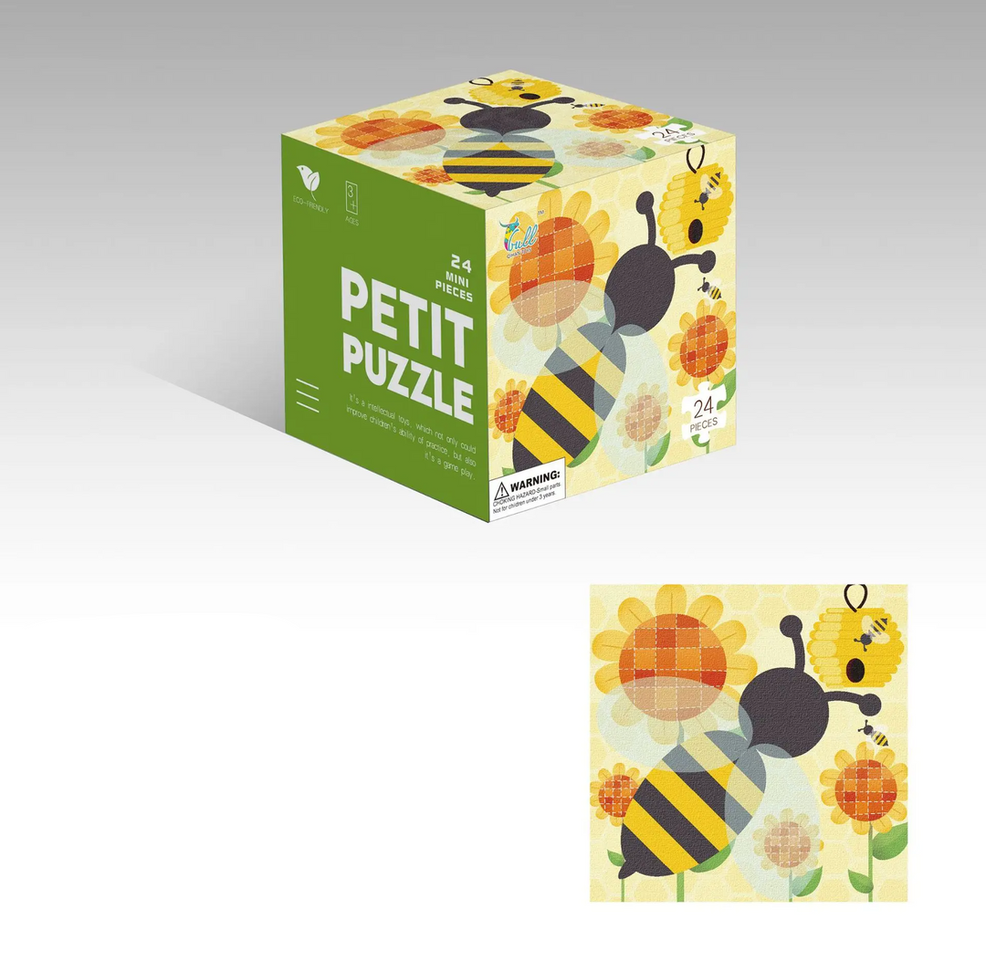 Bee jigsaw puzzle with flowers and a matching cube box