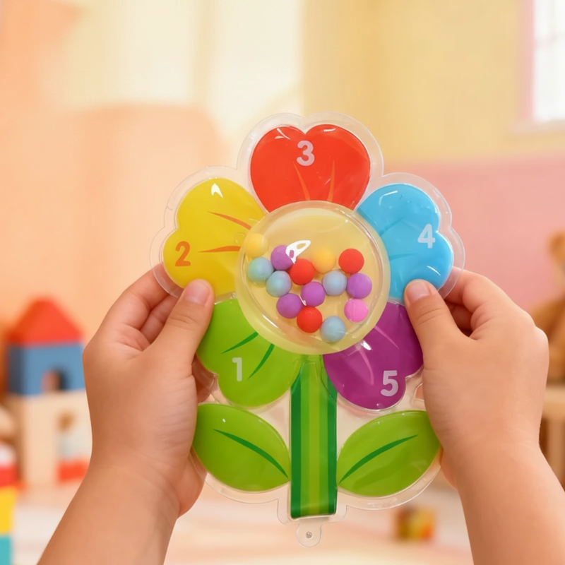 Flower-shaped bead maze with numbered petals and colorful beads in the center